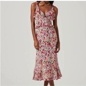 Astr Floral Ruffle Midi Dress in White with Pink & Red Flowers